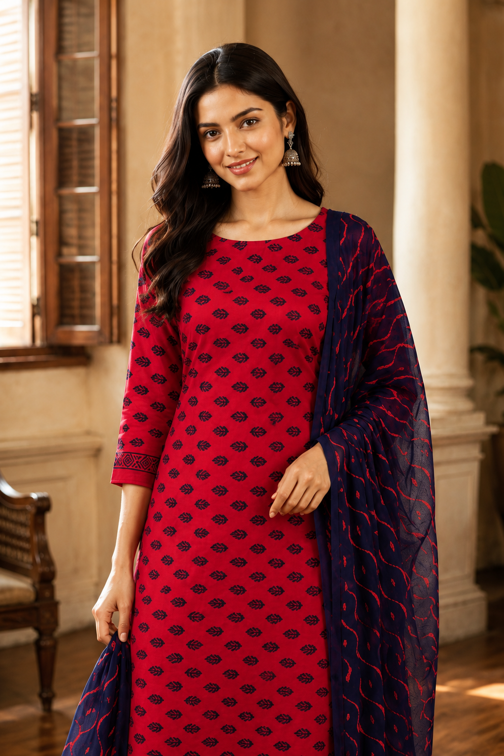Red and blue unstitched salwar set