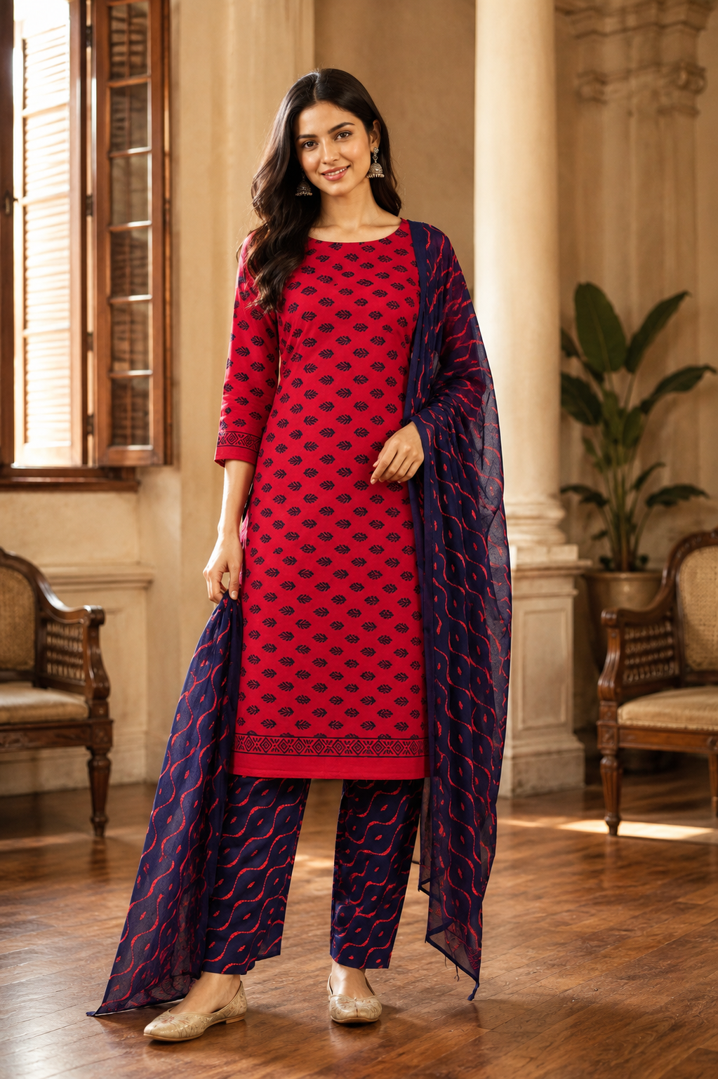 Red and blue unstitched salwar set