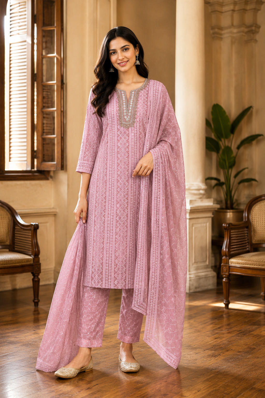 Unstitched georgette Chikankari churidhar with fancy neck work