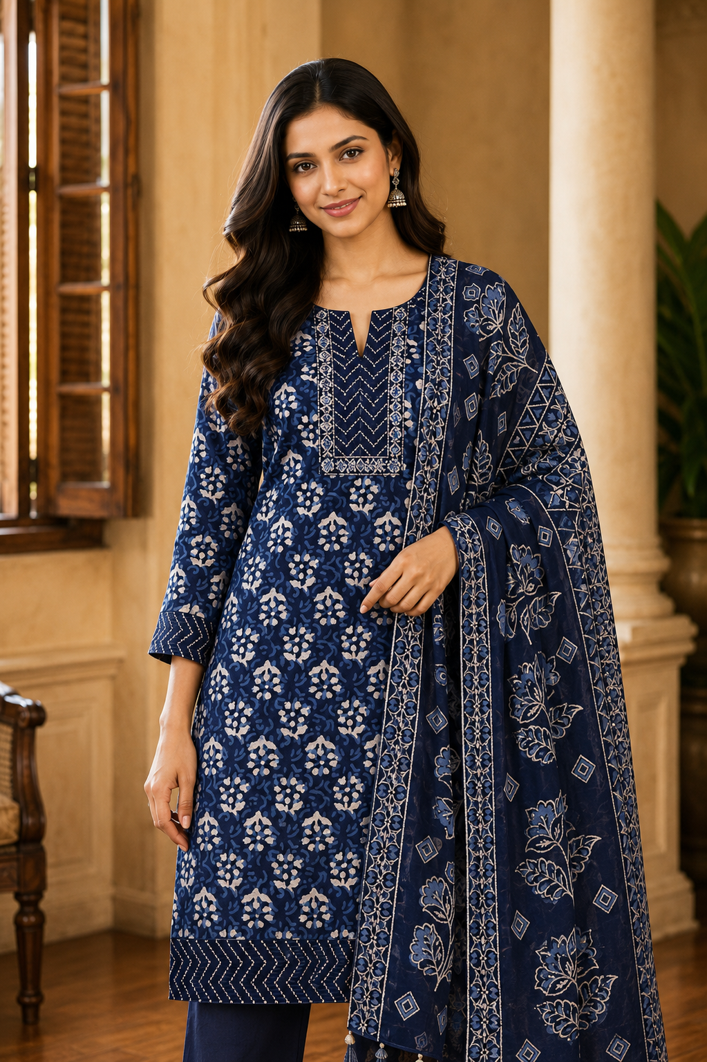 Pure Cotton Indigo Blue Printed Top Bottom Shawl Set