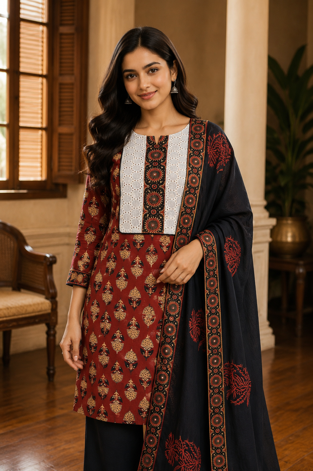 Jaipur cotton unstitch churidhar top bottom shawl