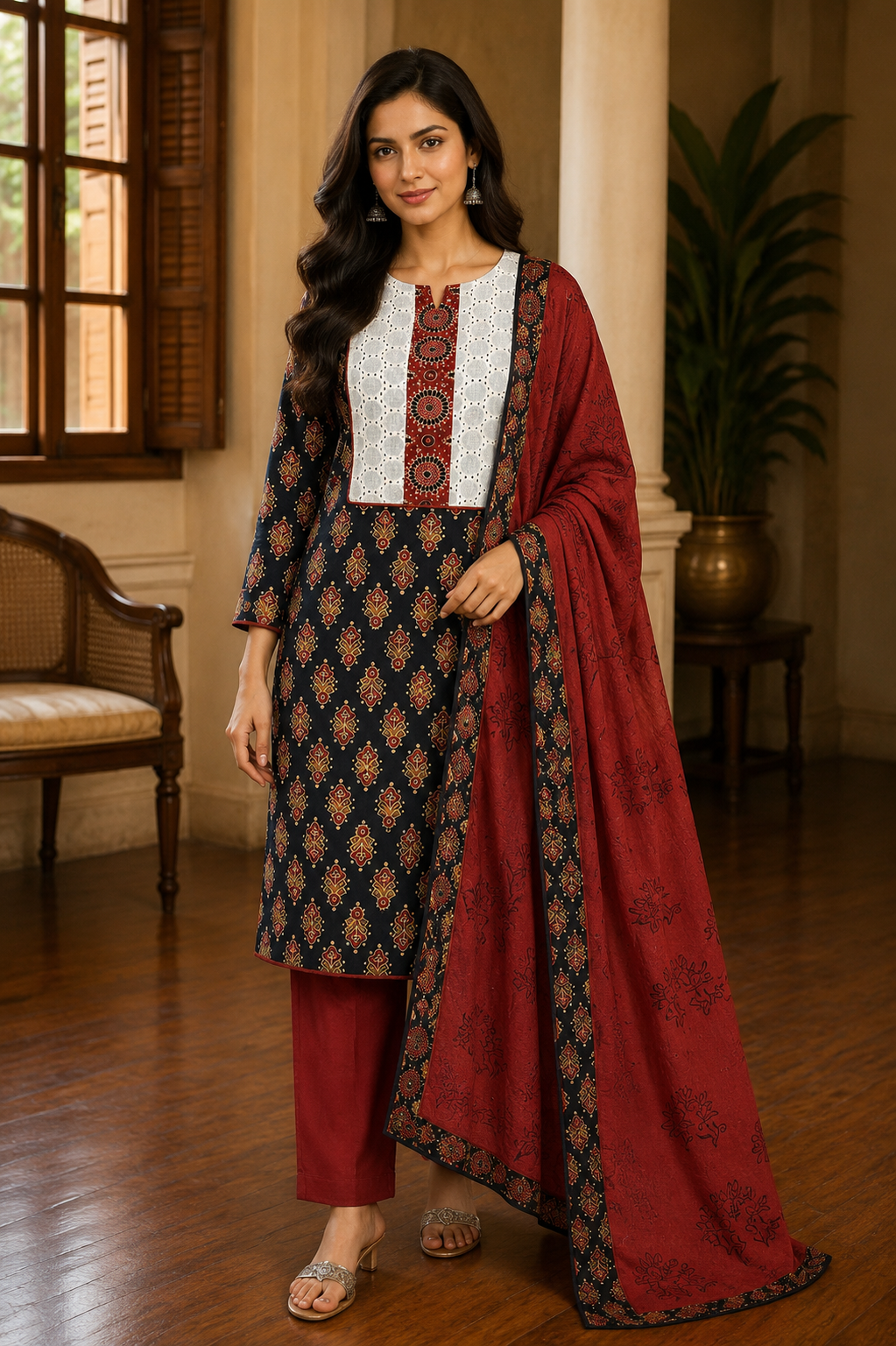 Jaipur Cotton Printed Black & Maroon Unstitched Churidhar Dress Material Set