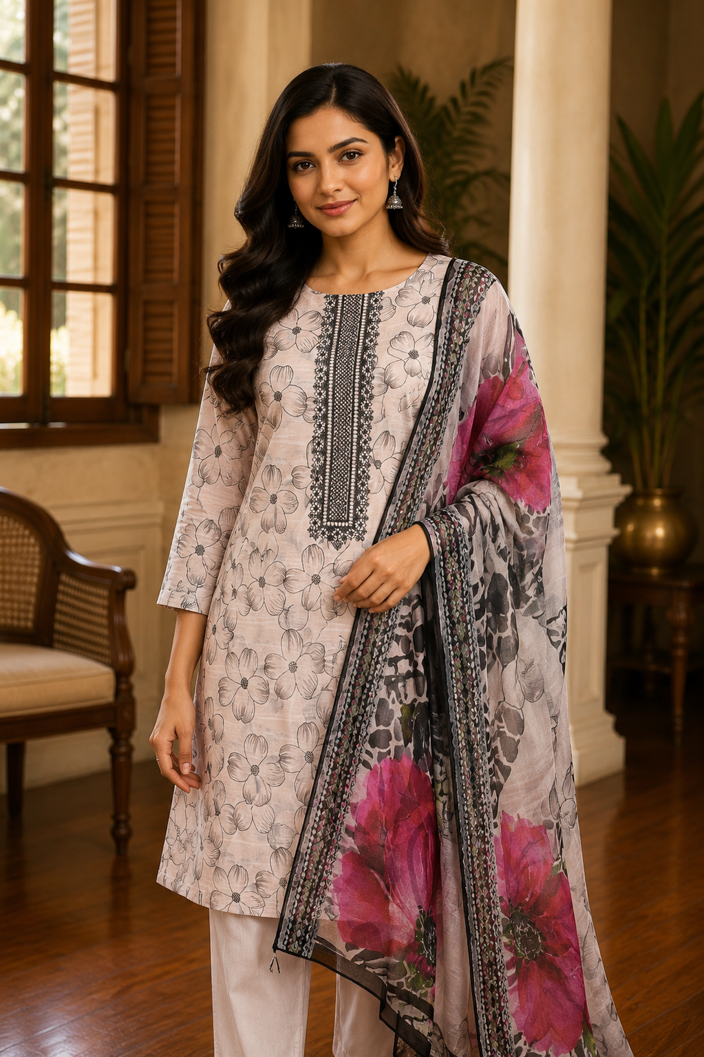 Semi linen beige printed top with black bottom and chiffon floral print dupatta set.