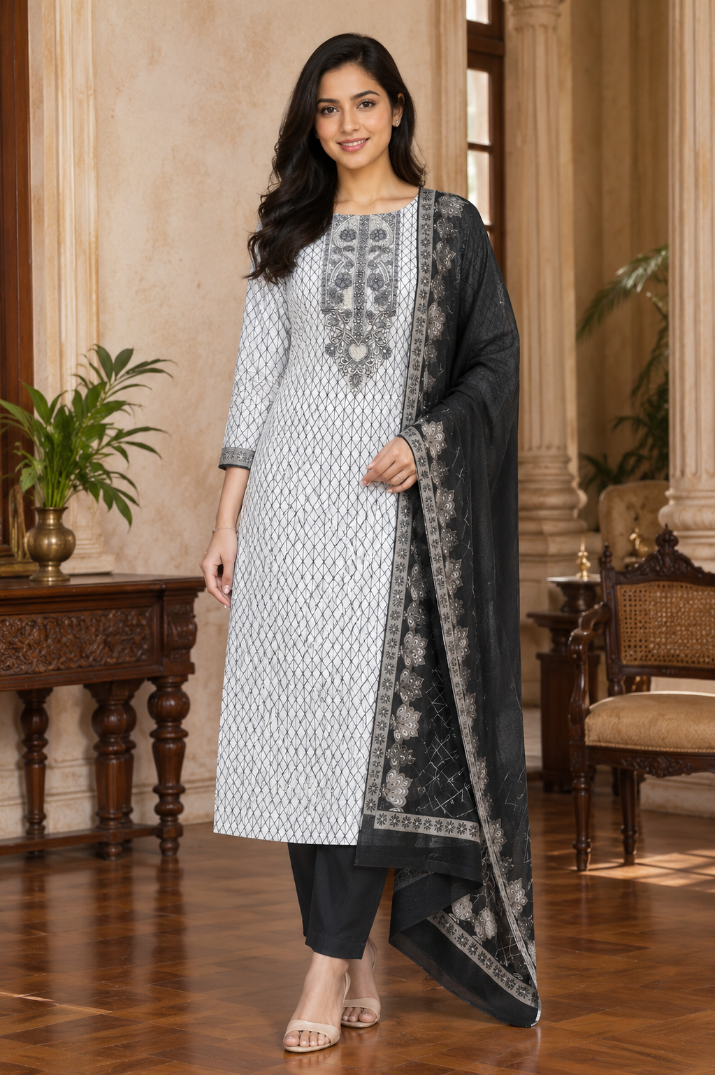 White semi linen check top with black bottom and printed linen dupatta set.