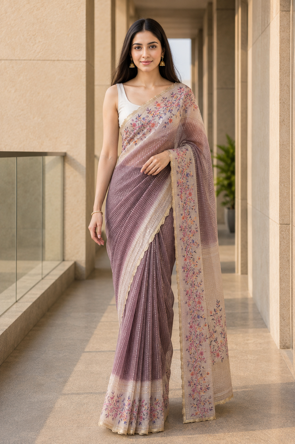 Mauve brown semi tussar silk saree with golden zari stripes on the body and printed blouse