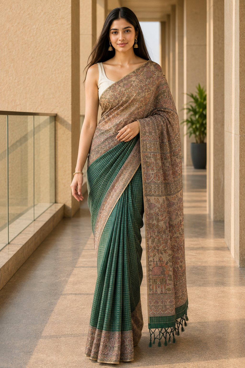 Green semi tussar saree with Bandhani print pallu and printed blouse, borderless design