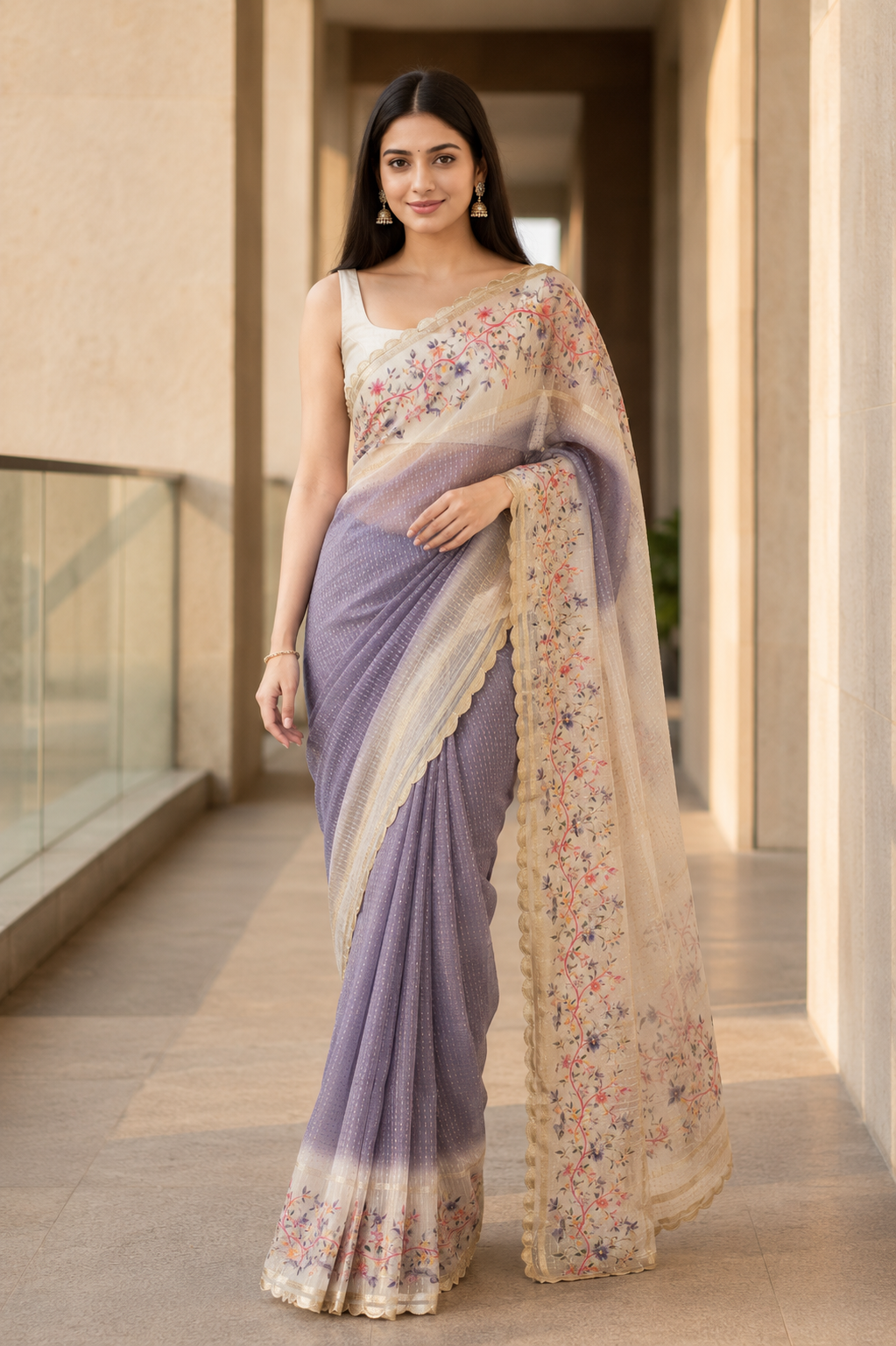 Lavender blue Semi tussar silk saree with golden zari stripes on the body and printed blouse