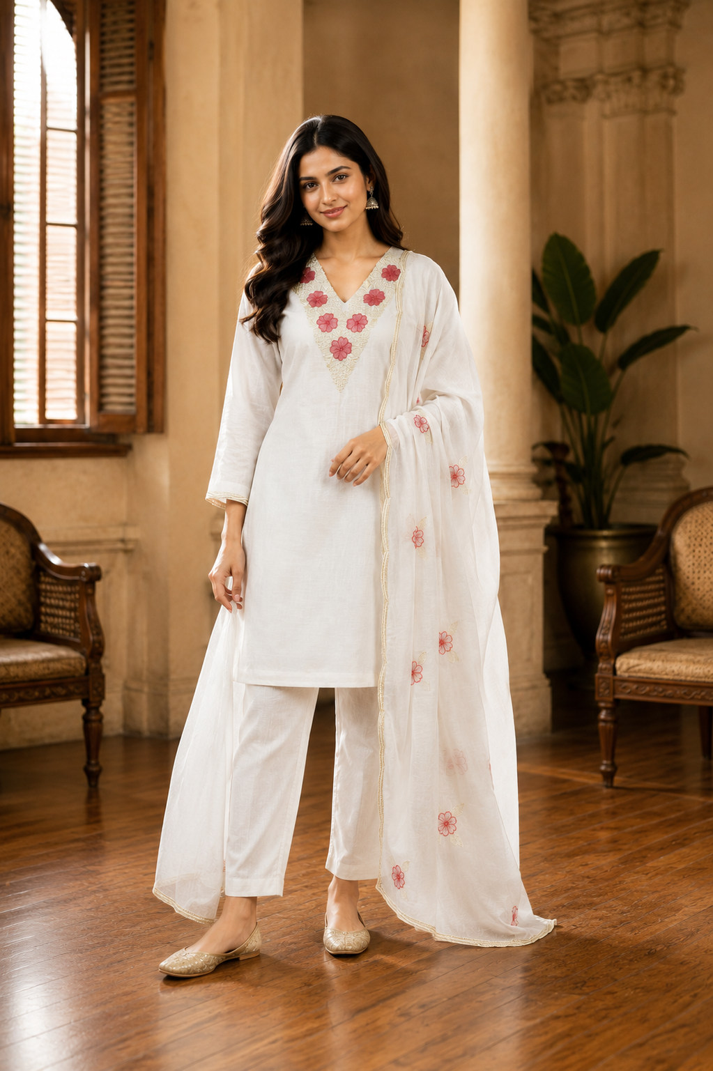 Unstitched churidhar with Mul Chanderi top and shawl