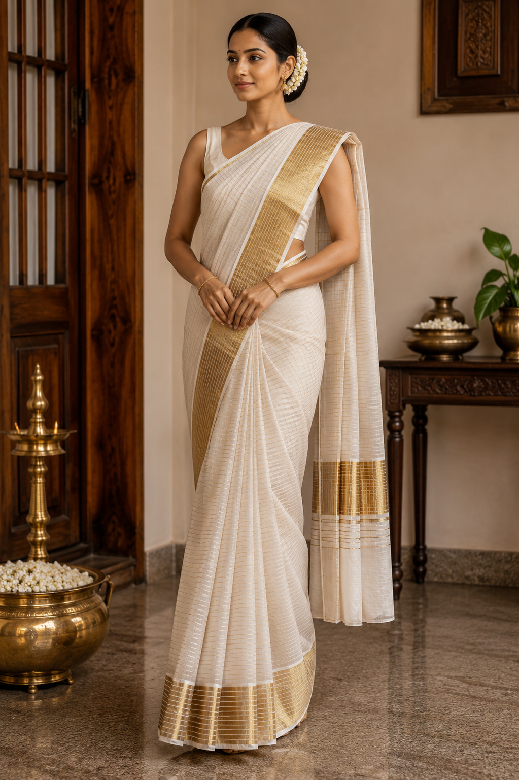 Tissue set saree with golden zari stripes and broad golden saree border.