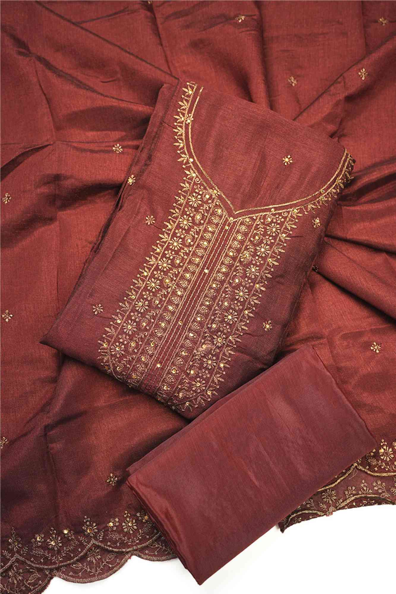New Maroon Semi Silk Tissue Salwar Suit with Golden Thread Work