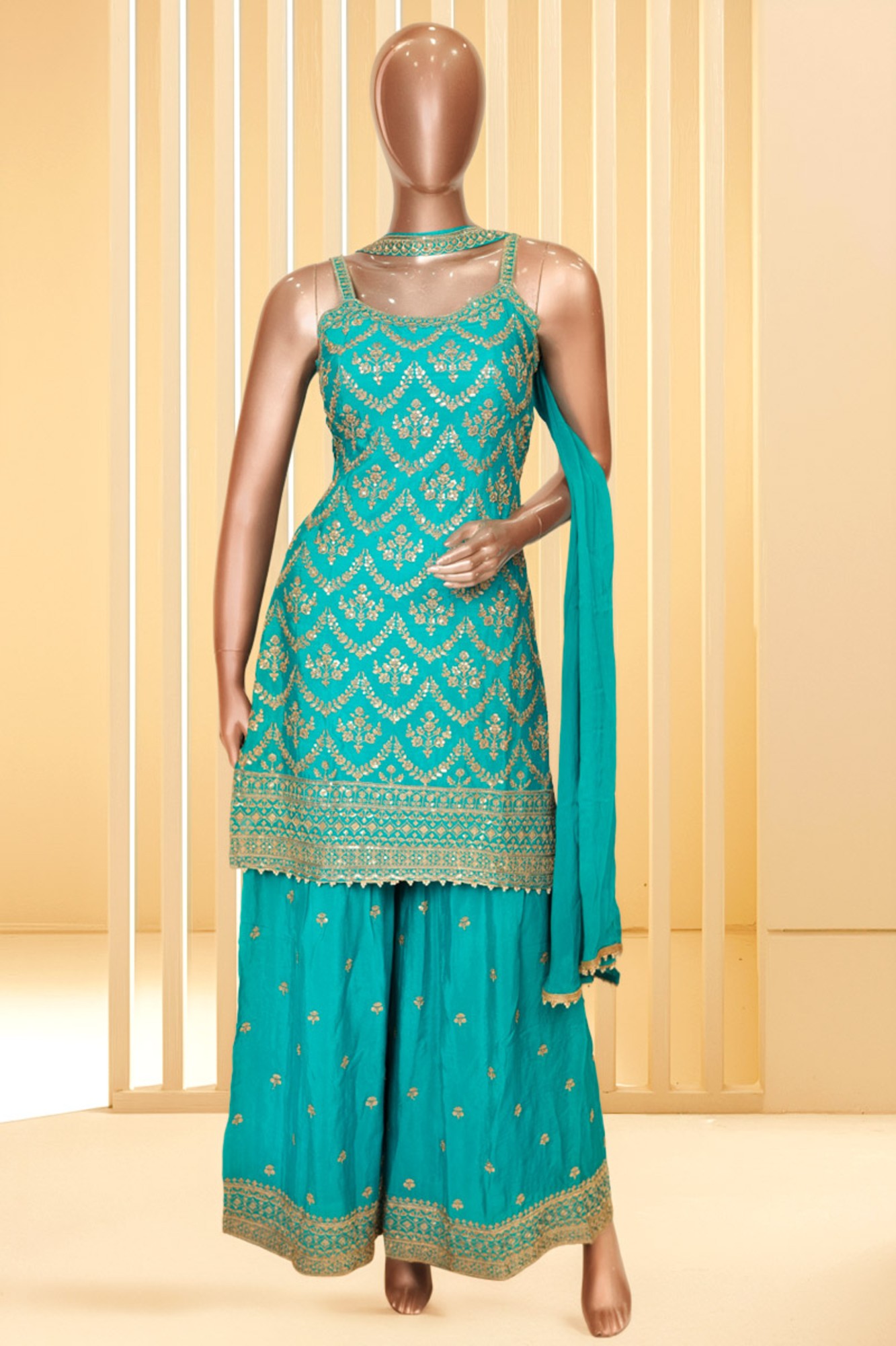 Turquoise Blue Semi Silk Sharara Set | Festive Wear
